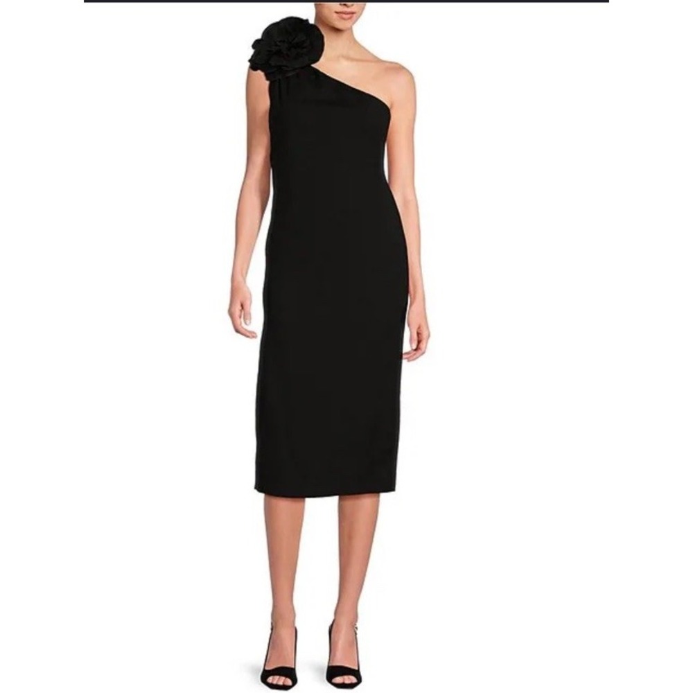 Marina One Shoulder Rose Appliqué Black Midi Dress Back Slit Zip Closure XL